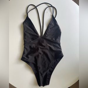 Small black cross low back deep V one piece swimsuit